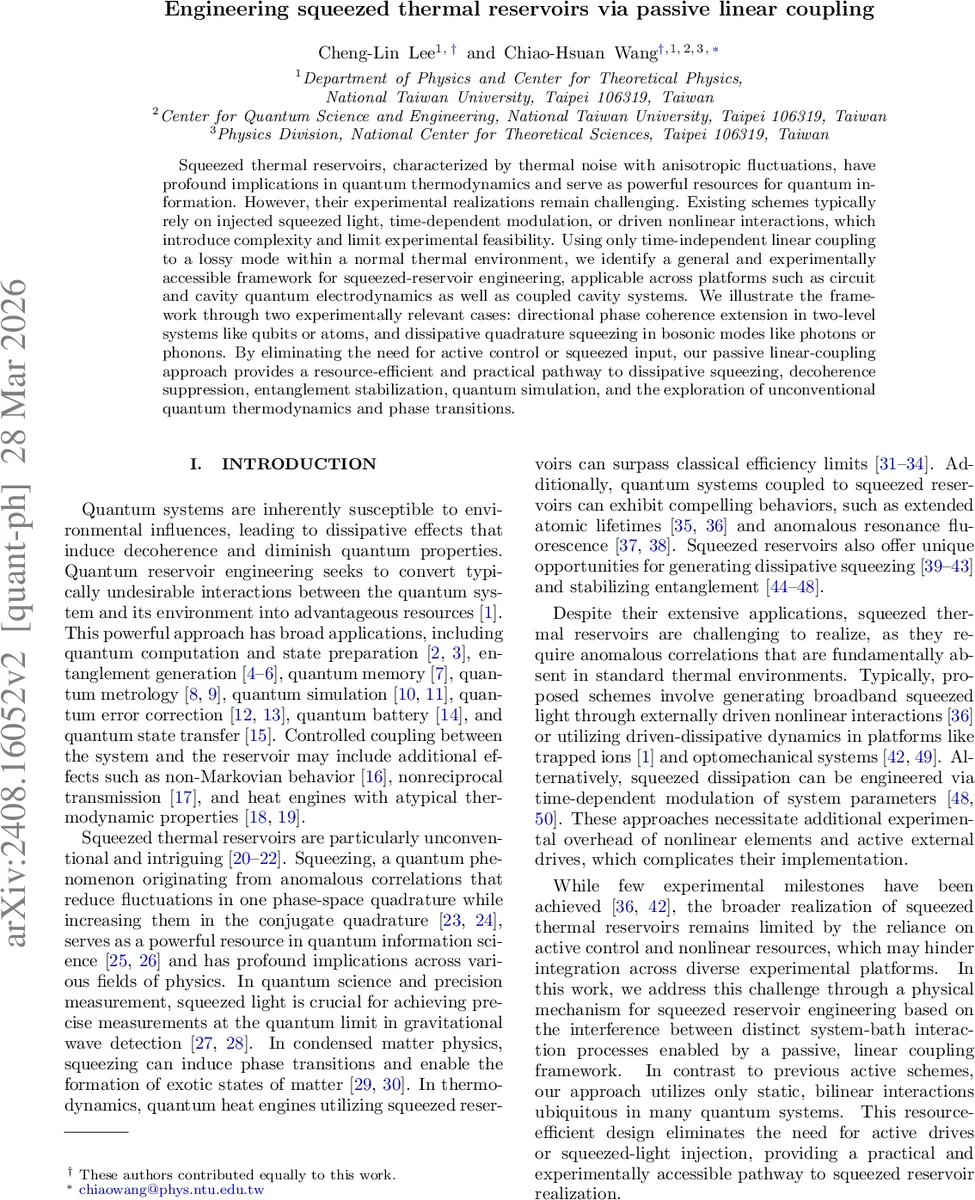 Engineering squeezed thermal reservoirs via passive linear coupling