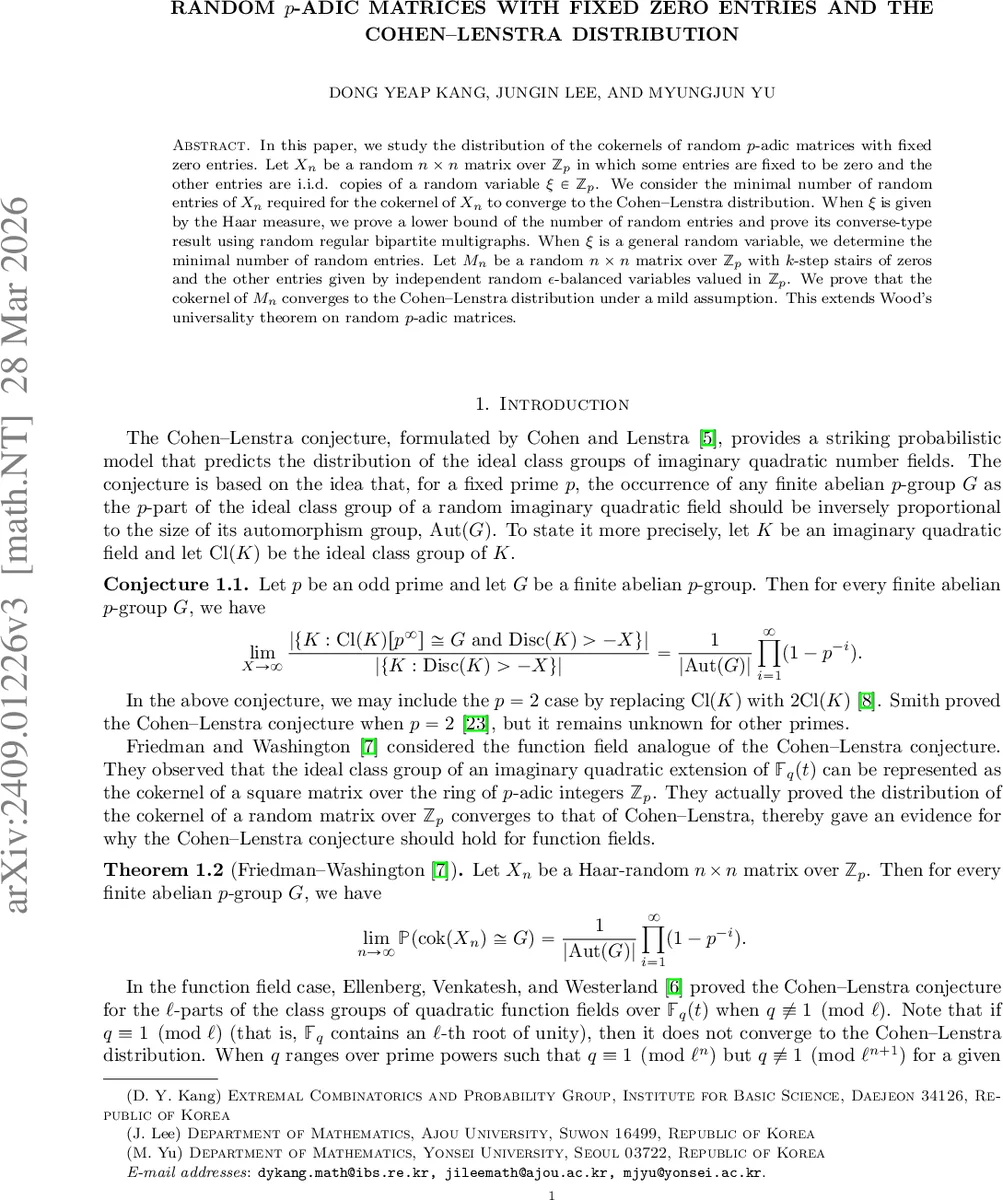 Random $p$-adic matrices with fixed zero entries and the Cohen--Lenstra distribution