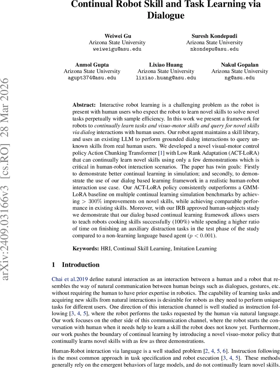 Continual Robot Skill and Task Learning via Dialogue
