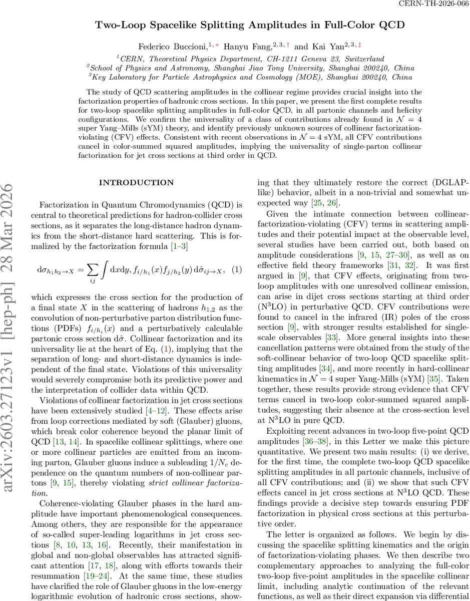 Two-Loop Spacelike Splitting Amplitudes in Full-Color QCD