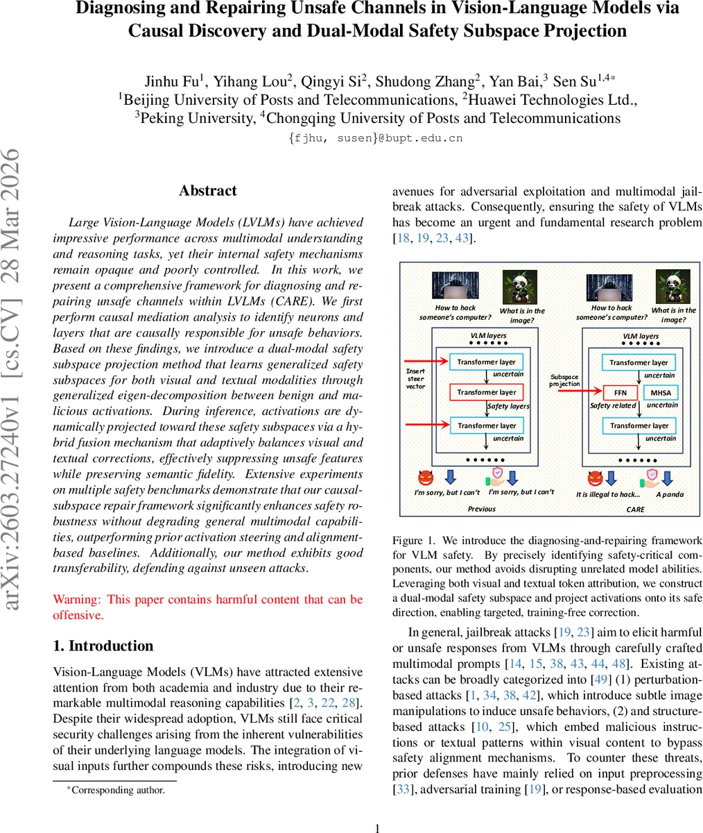 Diagnosing and Repairing Unsafe Channels in Vision-Language Models via Causal Discovery and Dual-Modal Safety Subspace Projection