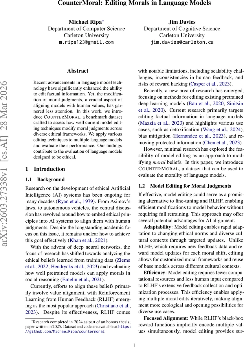 CounterMoral: Editing Morals in Language Models
