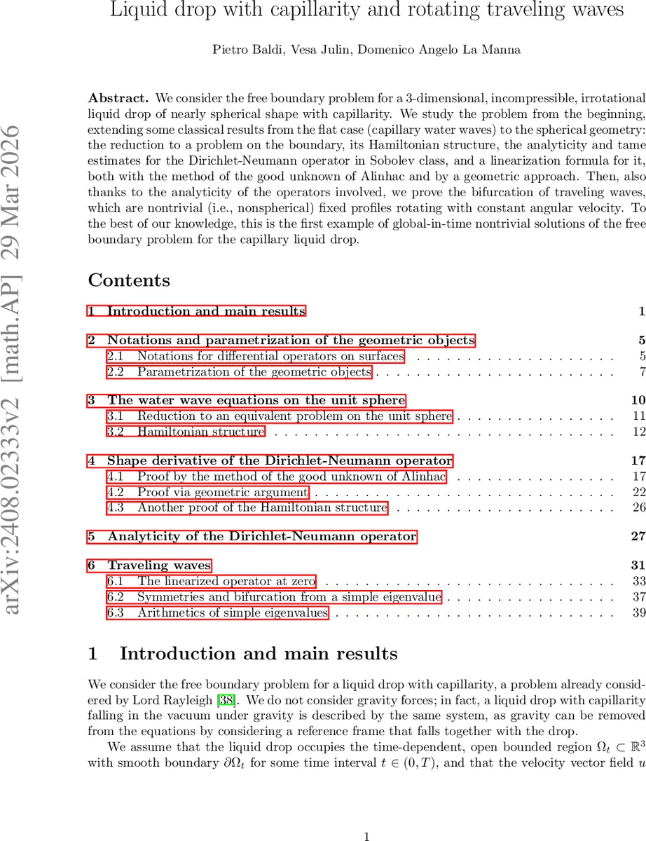 Liquid drop with capillarity and rotating traveling waves
