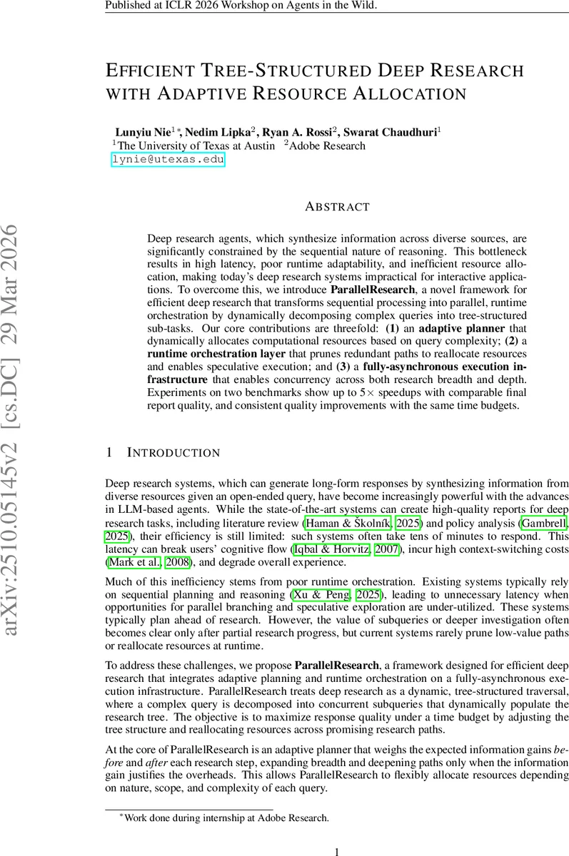 Efficient Tree-Structured Deep Research with Adaptive Resource Allocation