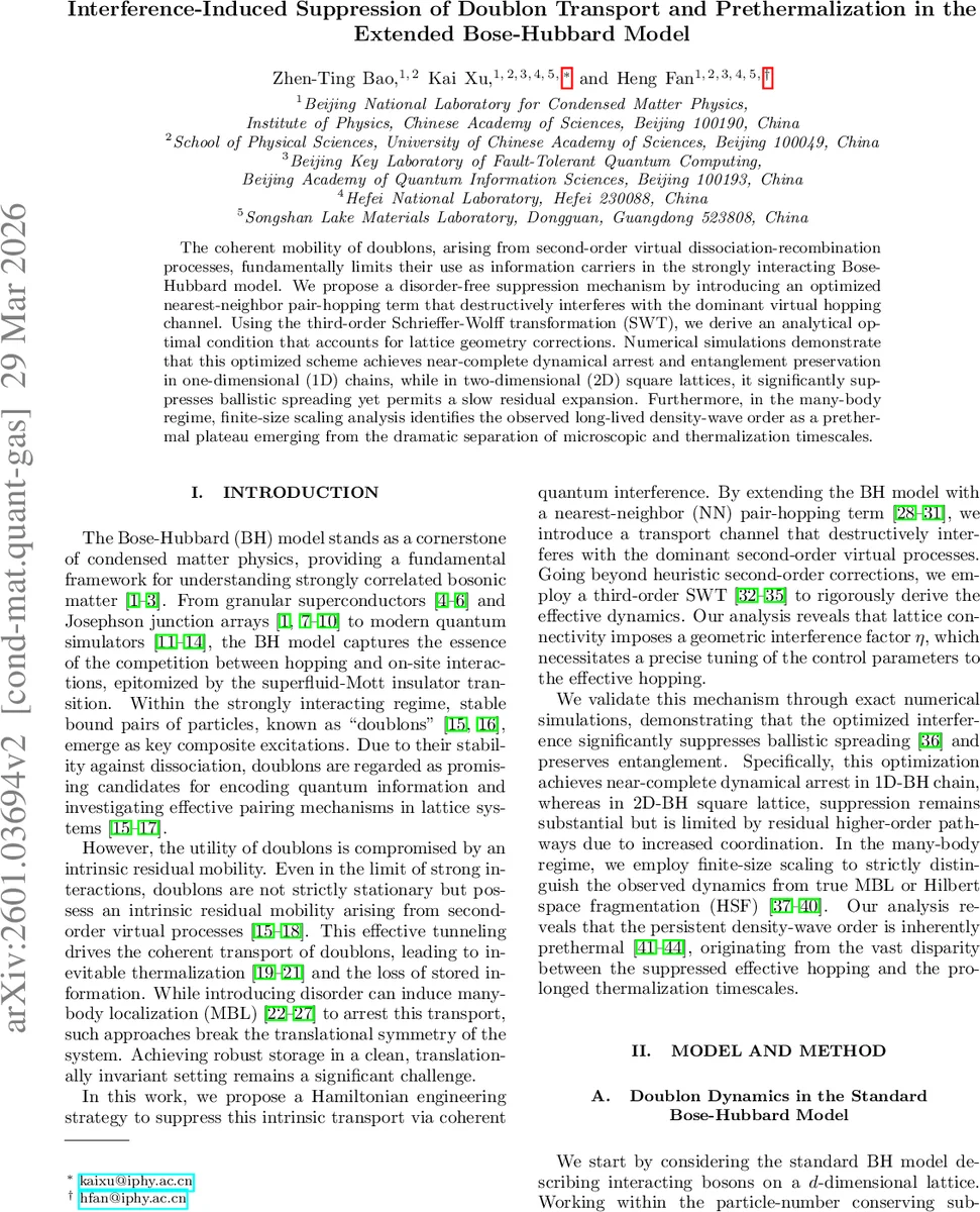 Interference-Induced Suppression of Doublon Transport and Prethermalization in the Extended Bose-Hubbard Model