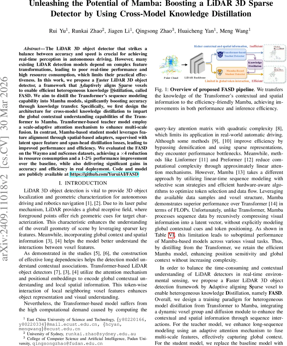 Unleashing the Potential of Mamba: Boosting a LiDAR 3D Sparse Detector by Using Cross-Model Knowledge Distillation