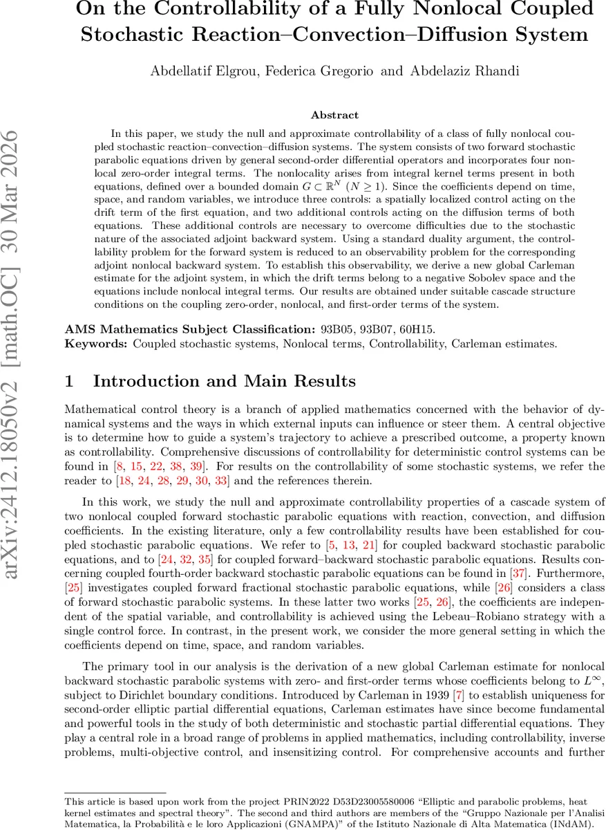 On the Controllability of a Fully Nonlocal Coupled Stochastic Reaction--Convection--Diffusion System