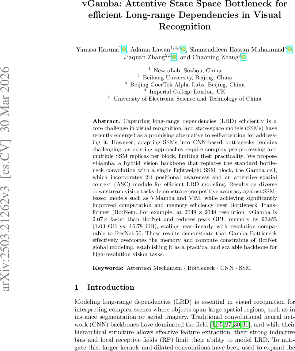 vGamba: Attentive State Space Bottleneck for efficient Long-range Dependencies in Visual Recognition
