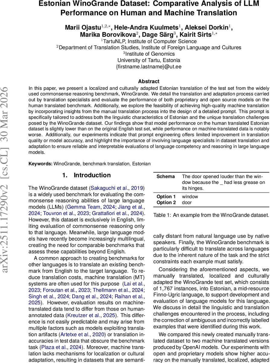 Estonian WinoGrande Dataset: Comparative Analysis of LLM Performance on Human and Machine Translation