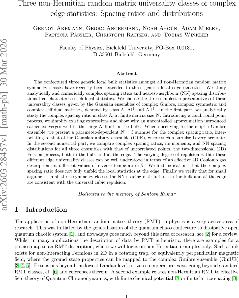 Three non-Hermitian random matrix universality classes of complex edge statistics: Spacing ratios and distributions