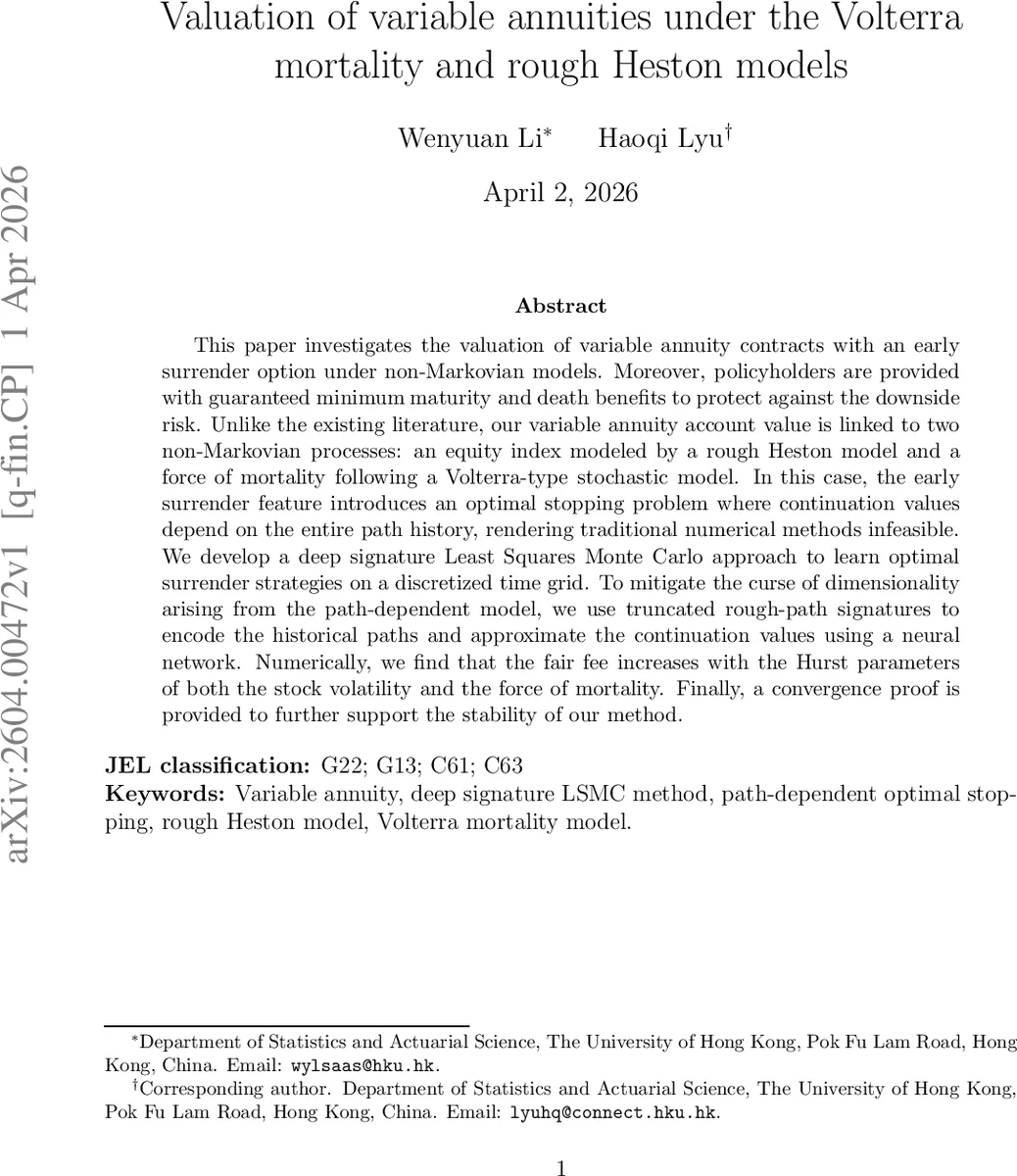 Valuation of variable annuities under the Volterra mortality and rough Heston models