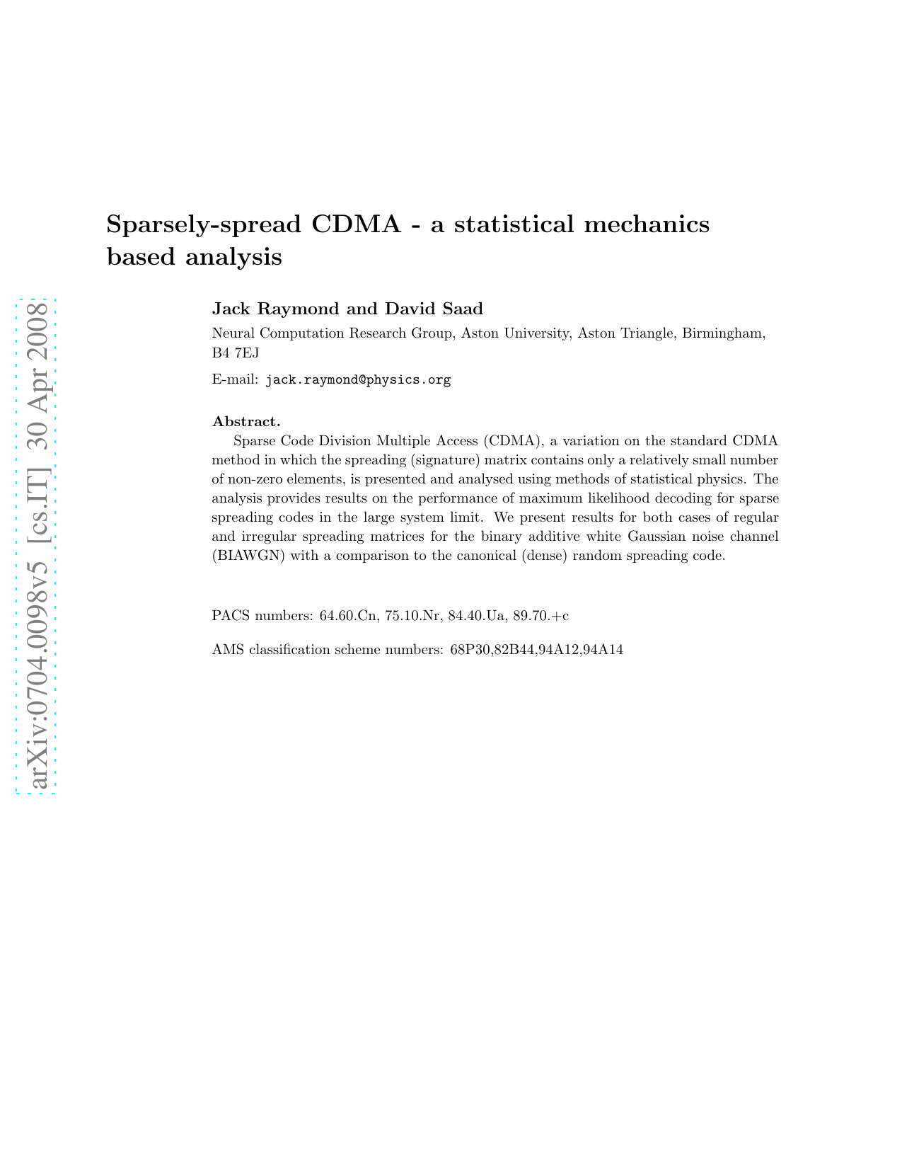 Sparsely-spread CDMA - a statistical mechanics based analysis