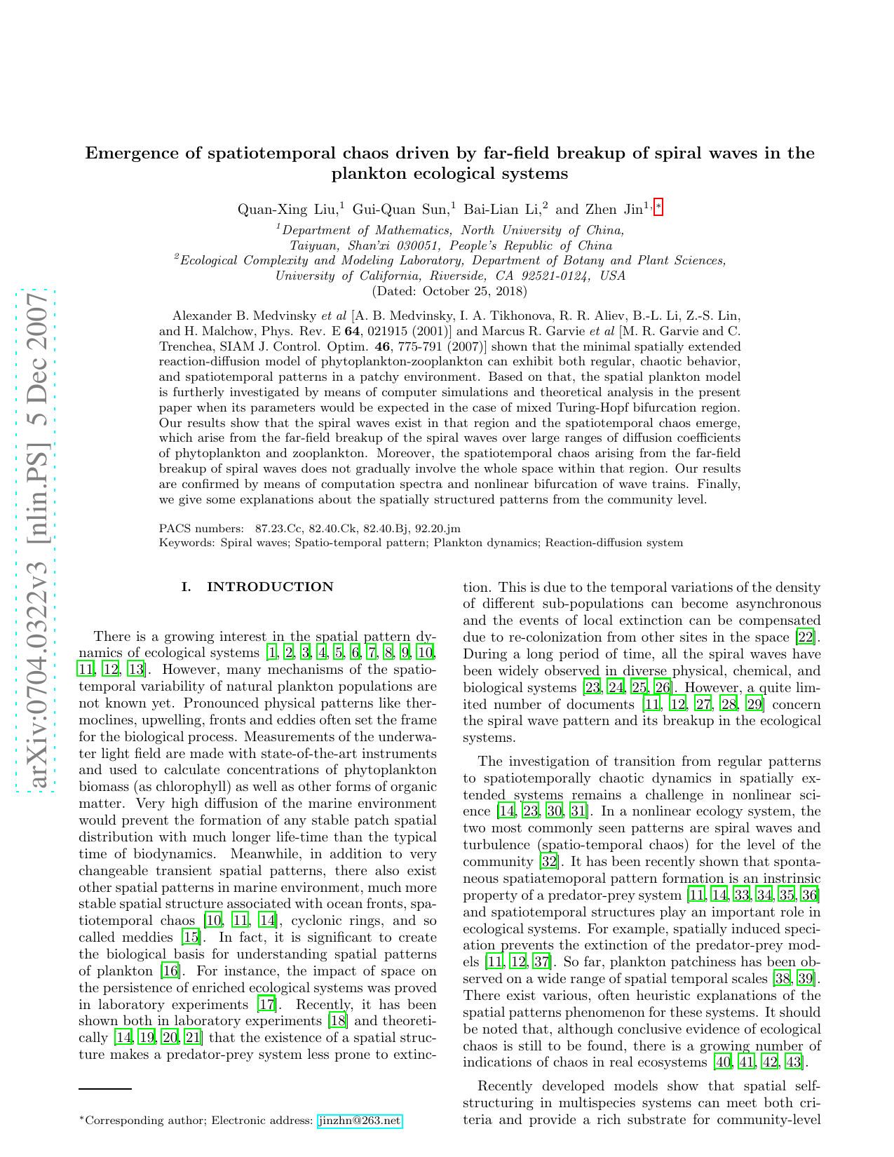 Emergence of spatiotemporal chaos driven by far-field breakup of spiral   waves in the plankton ecological systems