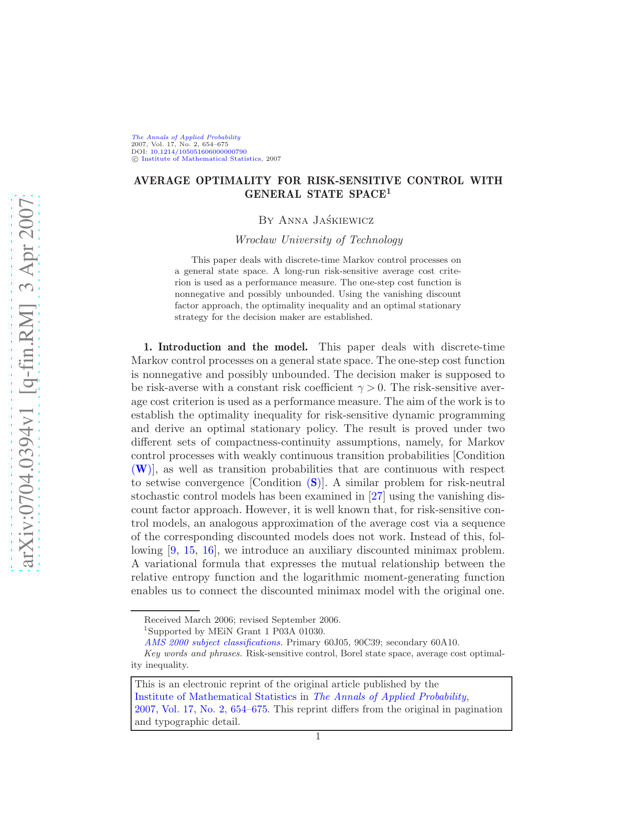 Average optimality for risk-sensitive control with general state space