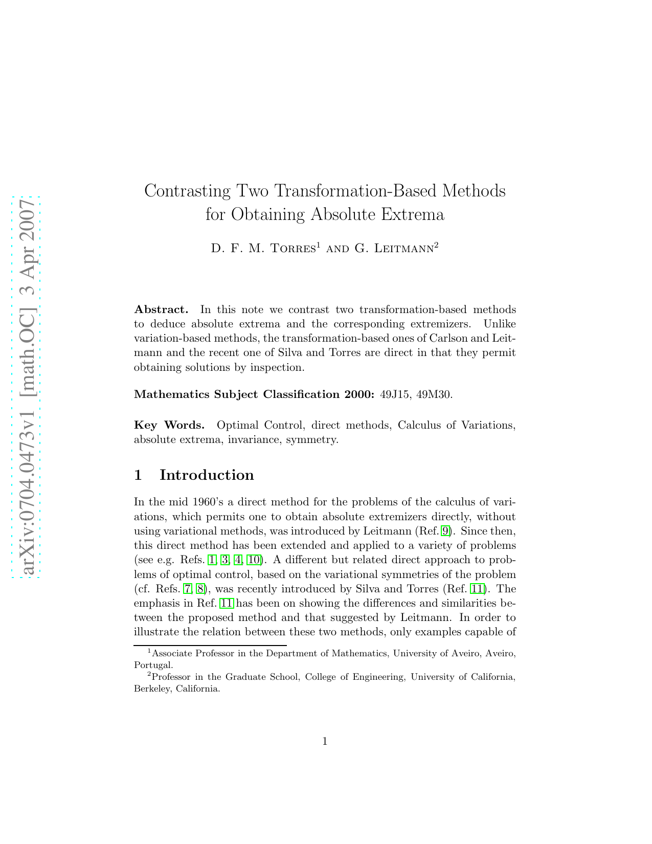 Contrasting Two Transformation-Based Methods for Obtaining Absolute   Extrema