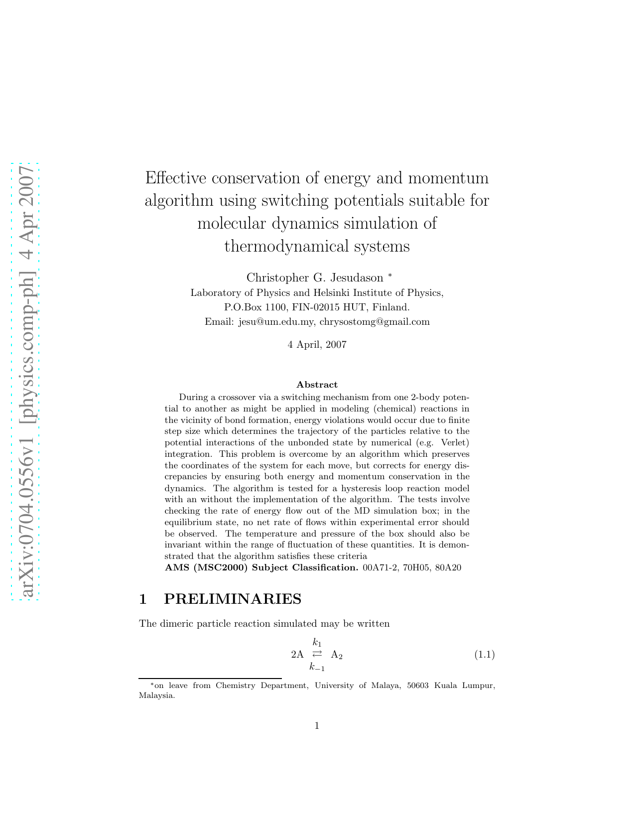 Effective conservation of energy and momentum algorithm using switching potentials suitable for molecular dynamics simulation of thermodynamical systems