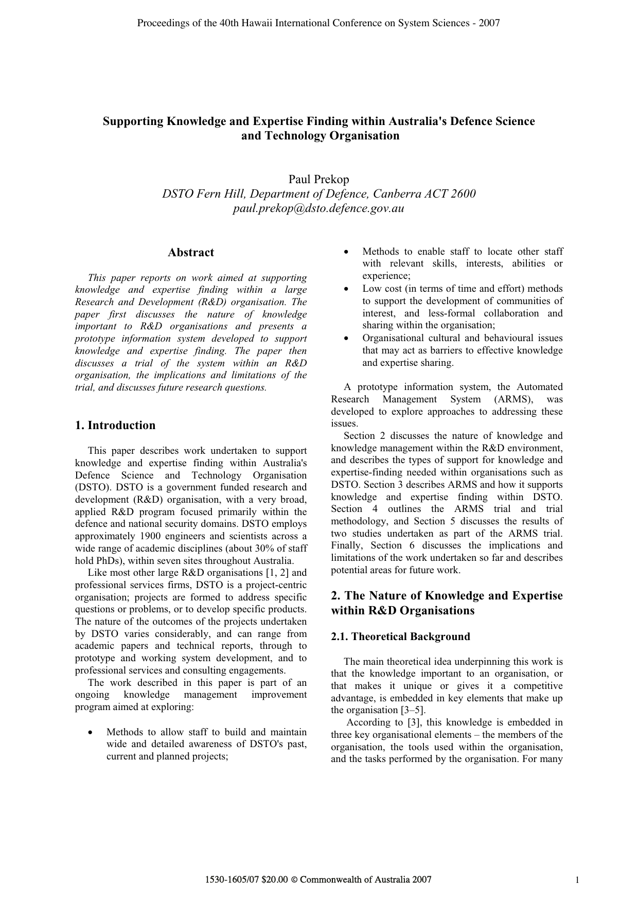 Supporting Knowledge and Expertise Finding within Australias Defence Science and Technology Organisation