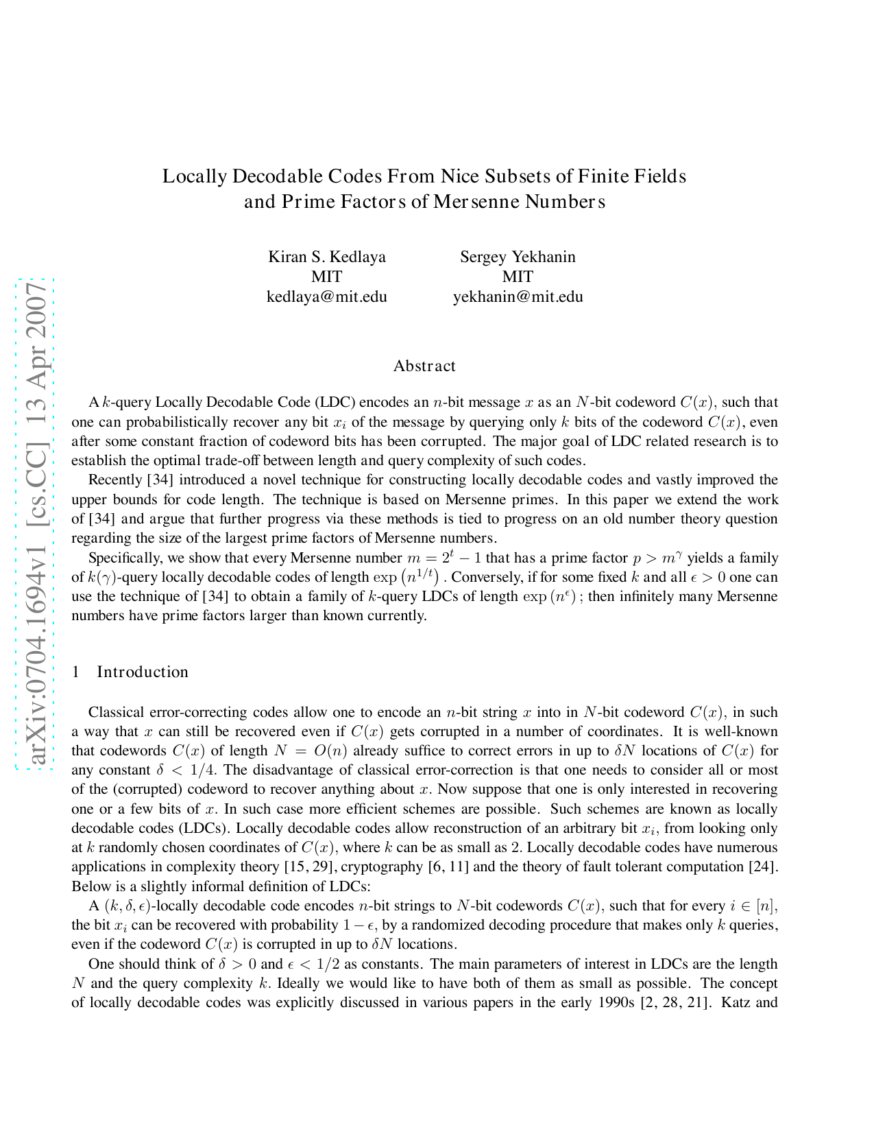 Locally Decodable Codes From Nice Subsets of Finite Fields and Prime Factors of Mersenne Numbers