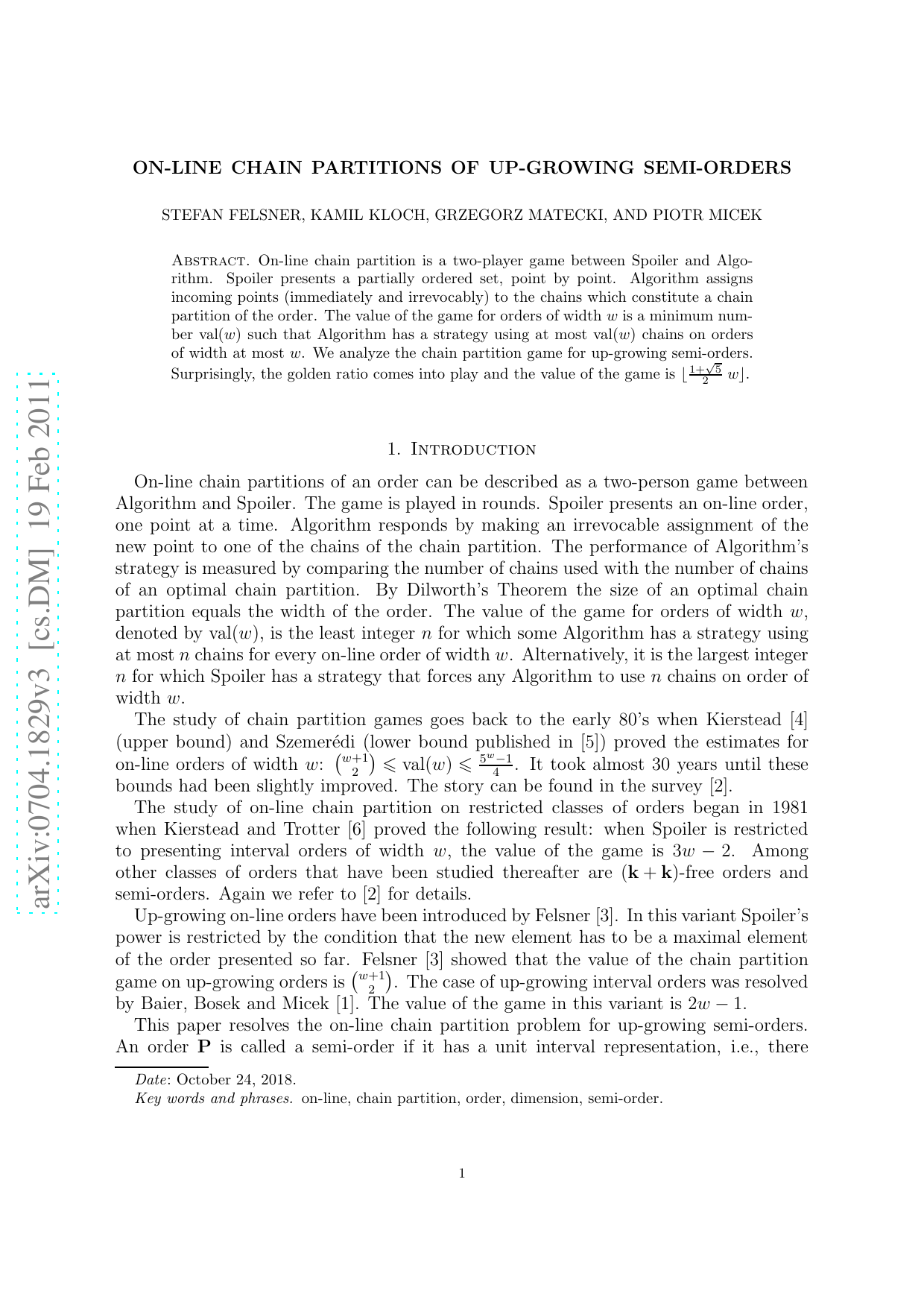 On-line Chain Partitions of Up-growing Semi-orders