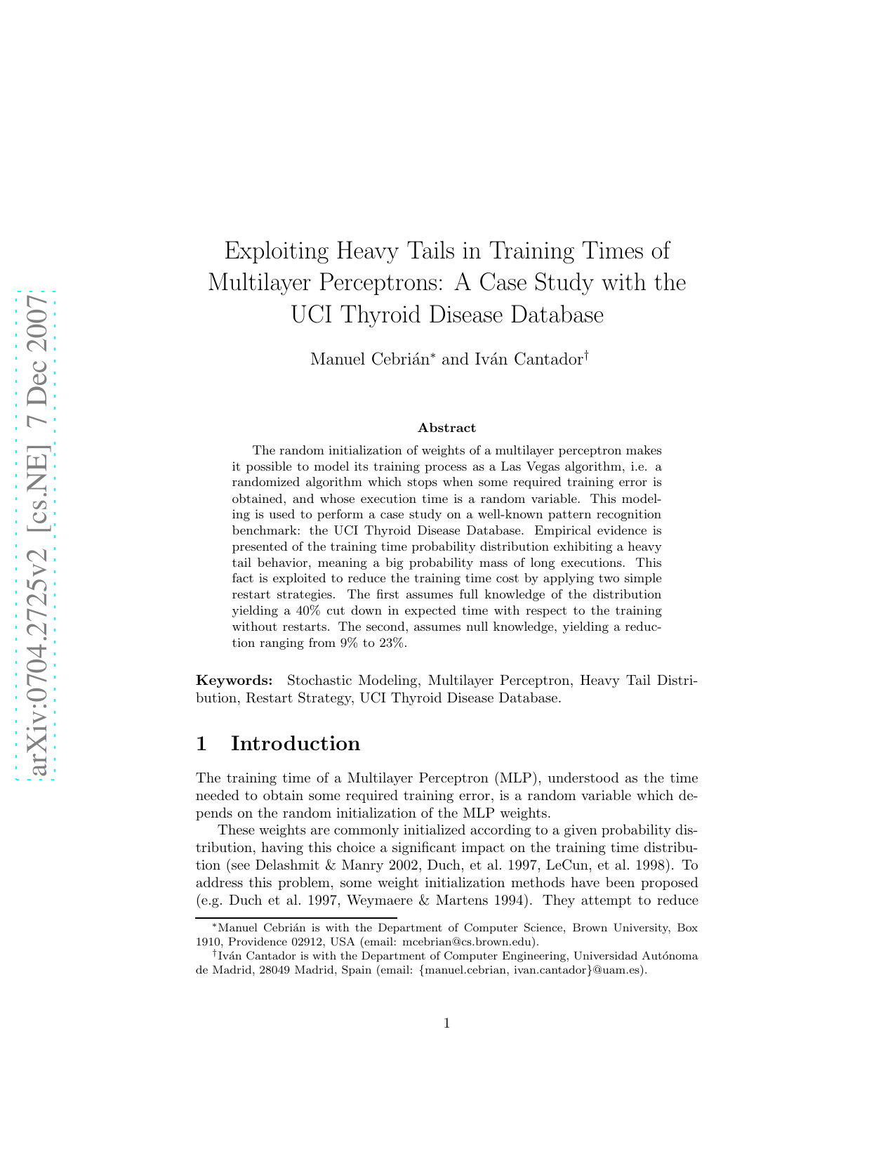 Exploiting Heavy Tails in Training Times of Multilayer Perceptrons: A   Case Study with the UCI Thyroid Disease Database