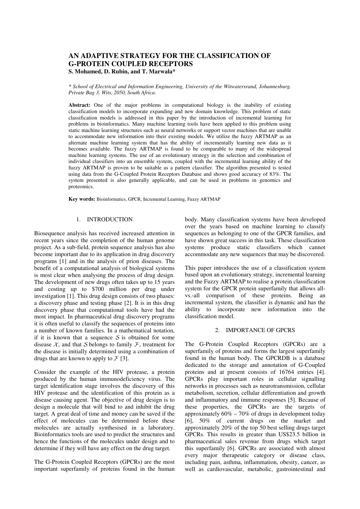 An Adaptive Strategy for the Classification of G-Protein Coupled   Receptors
