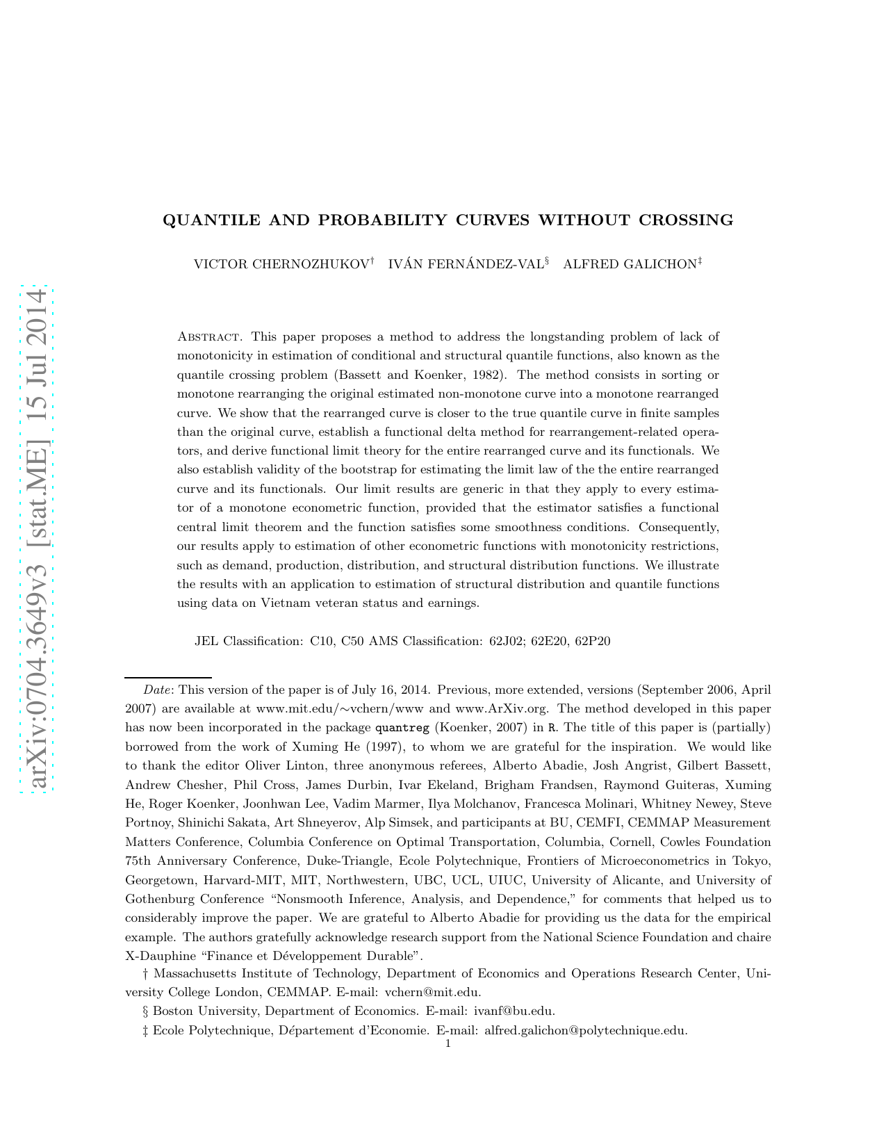 Quantile and Probability Curves Without Crossing