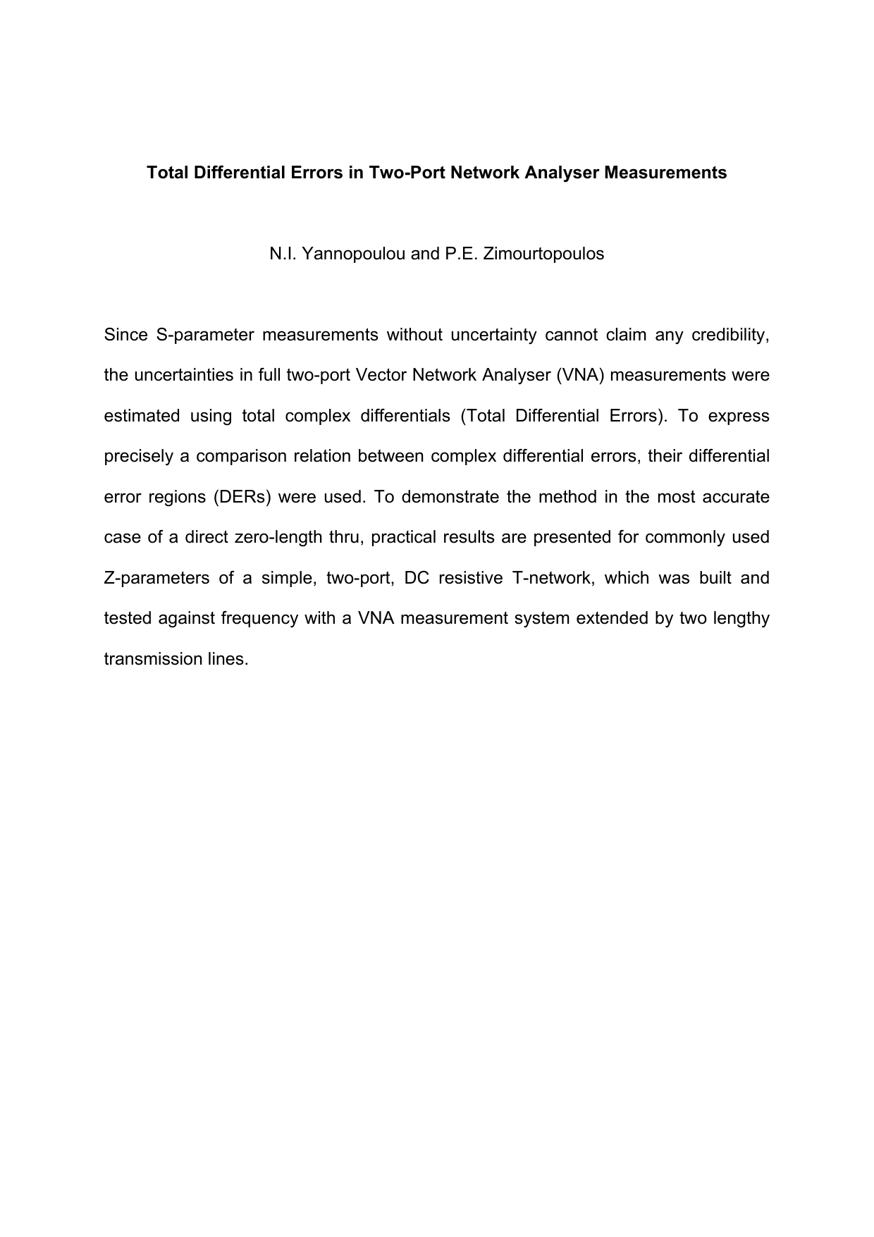 Total Differential Errors in Two-Port Network Analyser Measurements