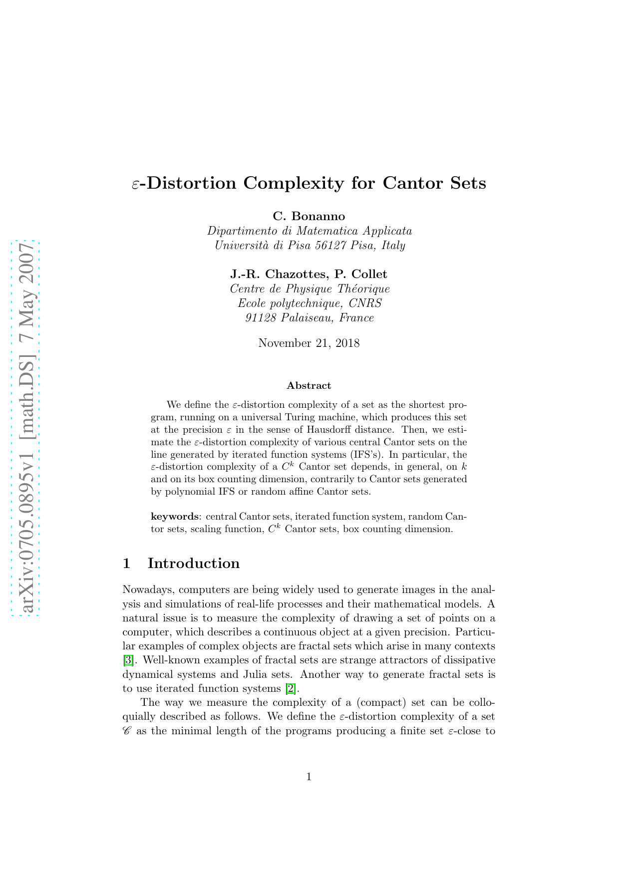 Epsilon-Distortion Complexity for Cantor Sets