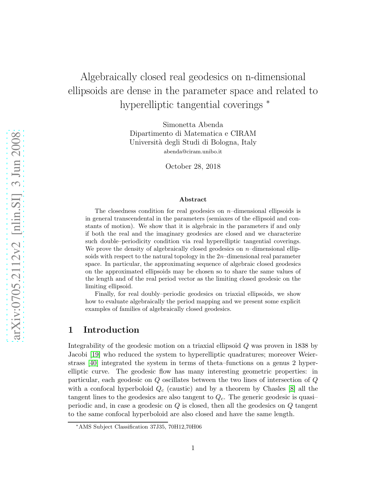Algebraically closed real geodesics on n-dimensional ellipsoids are dense in the parameter space and related to hyperelliptic tangential coverings