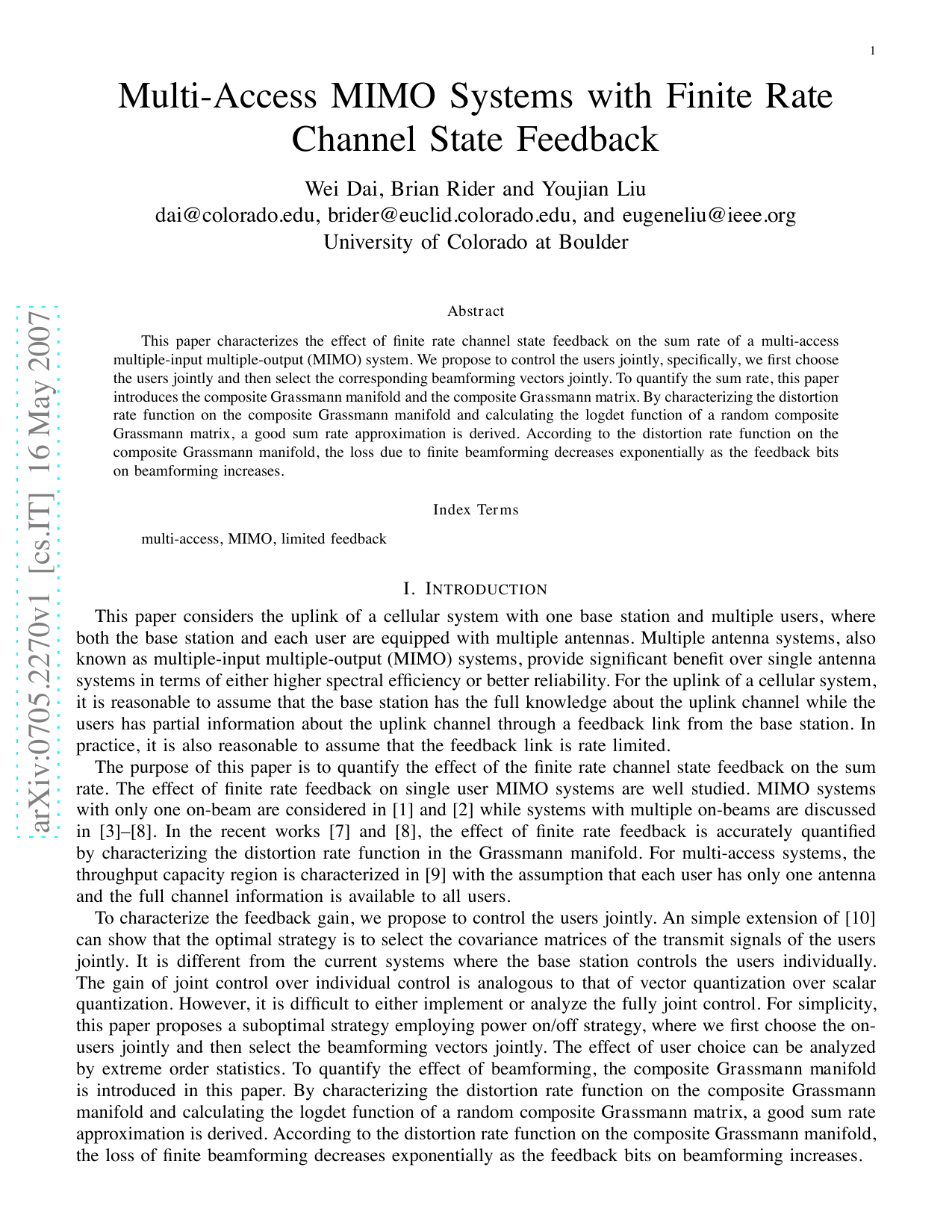 Multi-Access MIMO Systems with Finite Rate Channel State Feedback