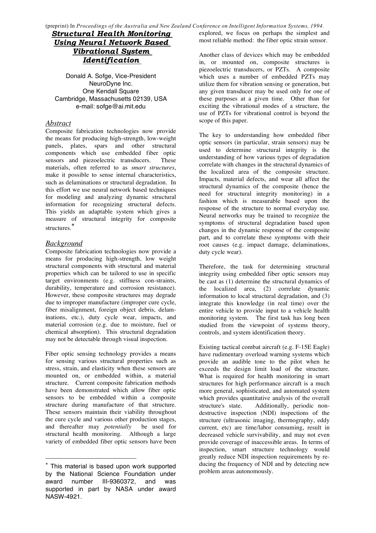 Structural Health Monitoring Using Neural Network Based Vibrational System Identification