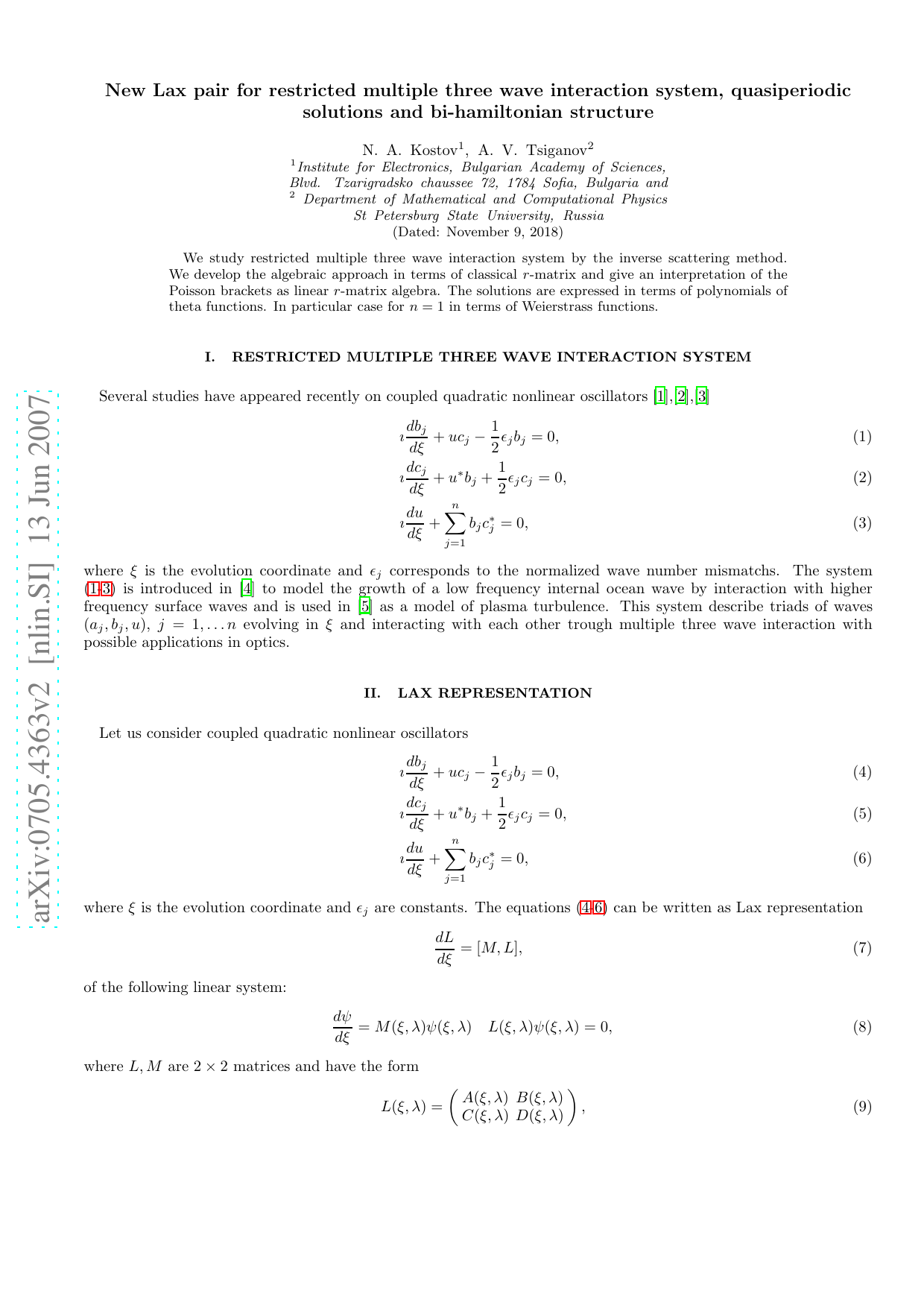 New Lax pair for restricted multiple three wave interaction system,   quasiperiodic solutions and bi-hamiltonian structure