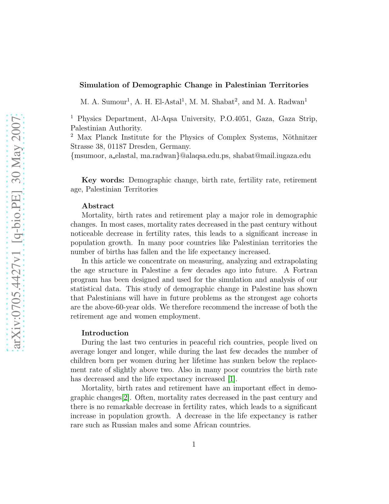 Simulation of Demographic Change in Palestinian Territories