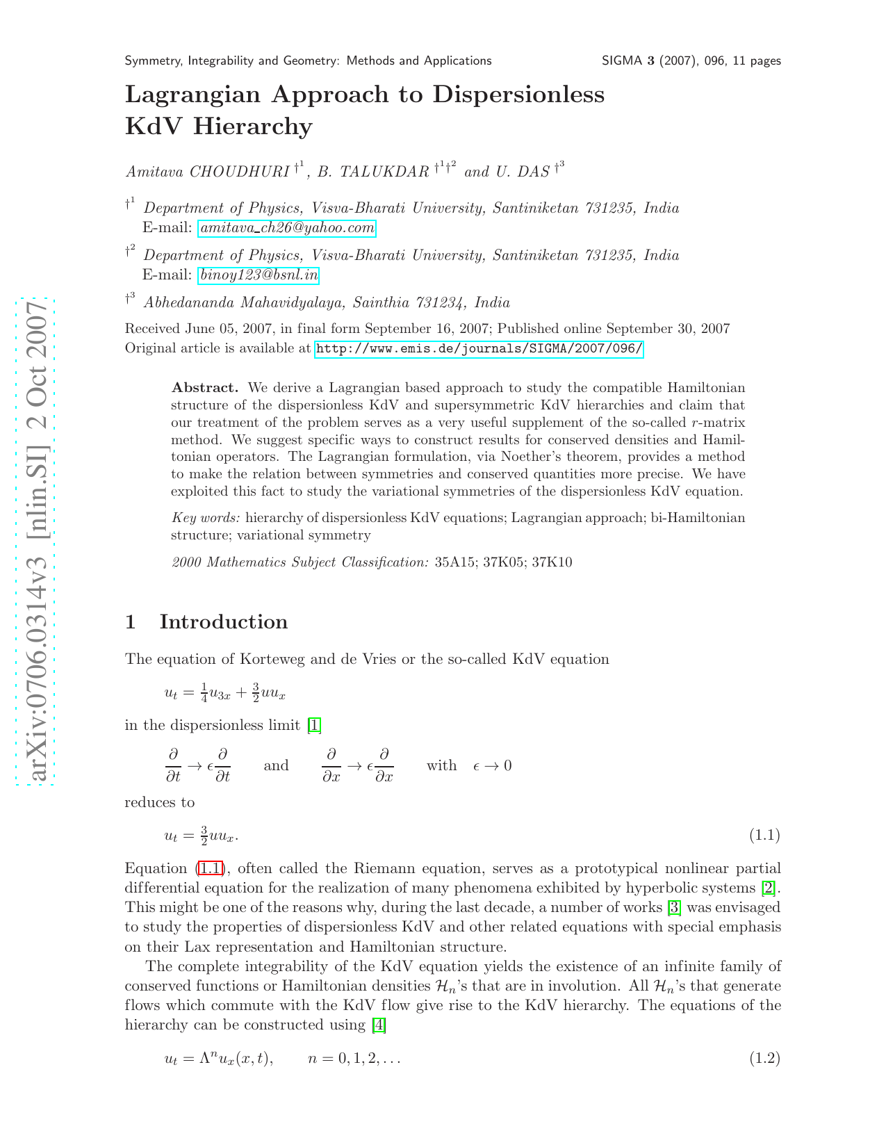 Lagrangian Approach to Dispersionless KdV Hierarchy