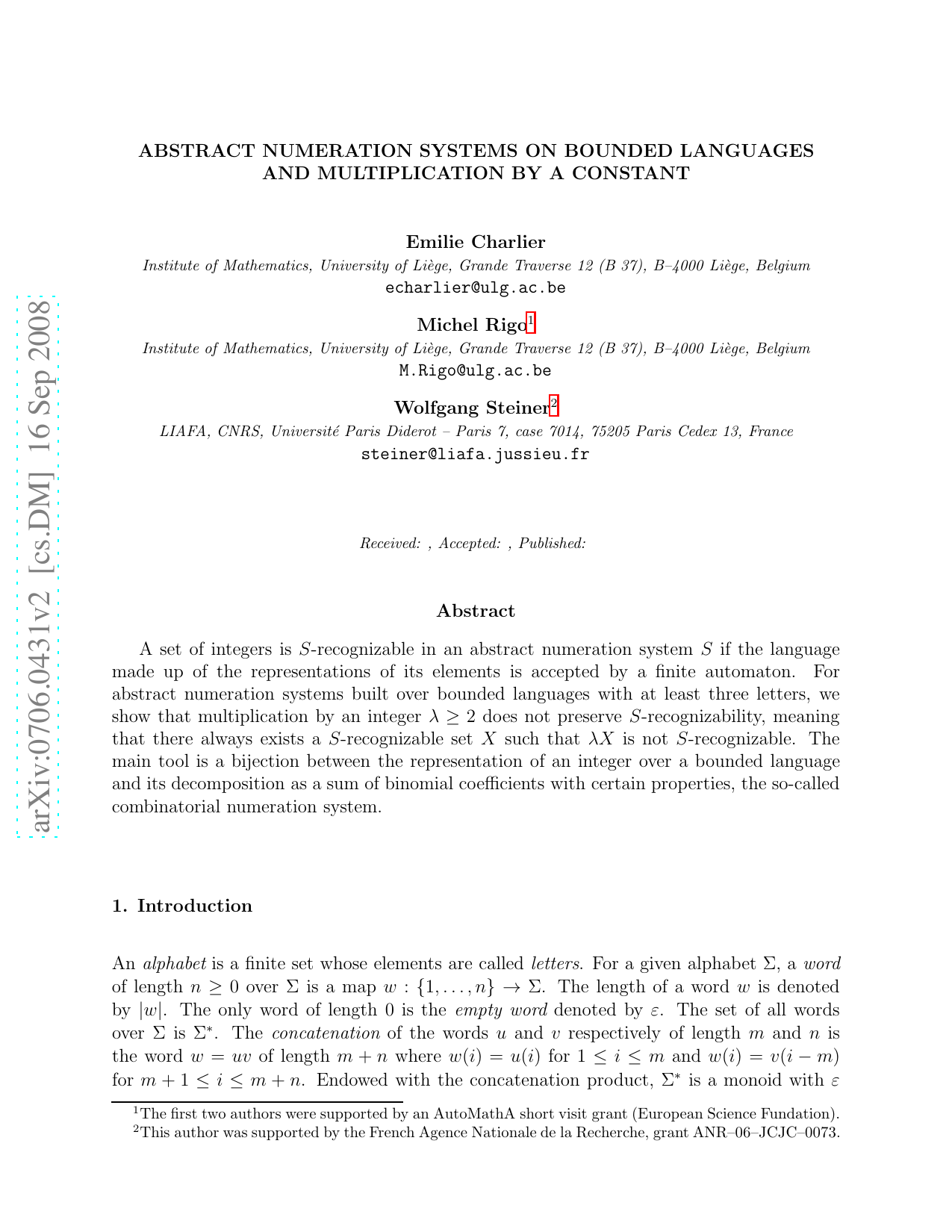 Abstract numeration systems on bounded languages and multiplication by a   constant