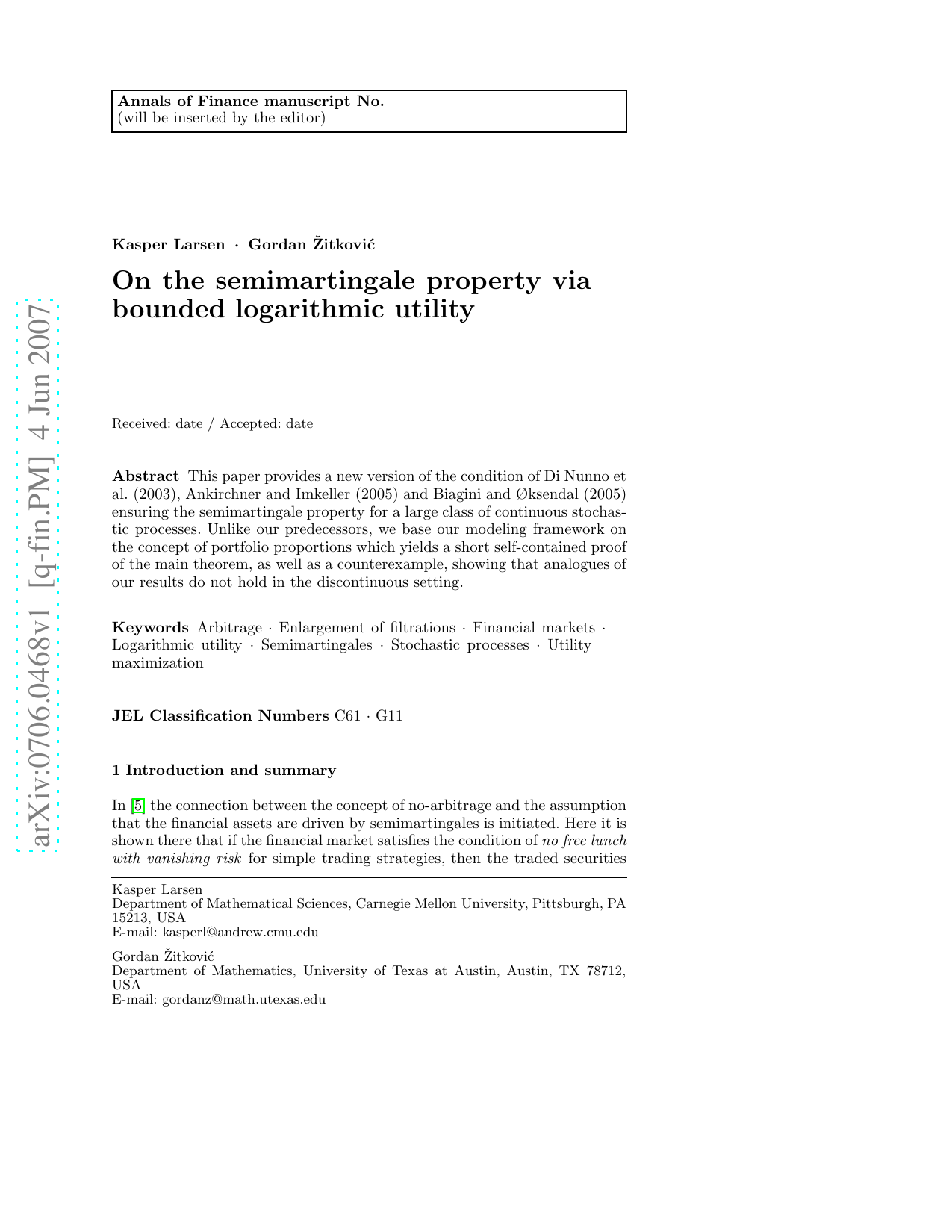On the semimartingale property via bounded logarithmic utility