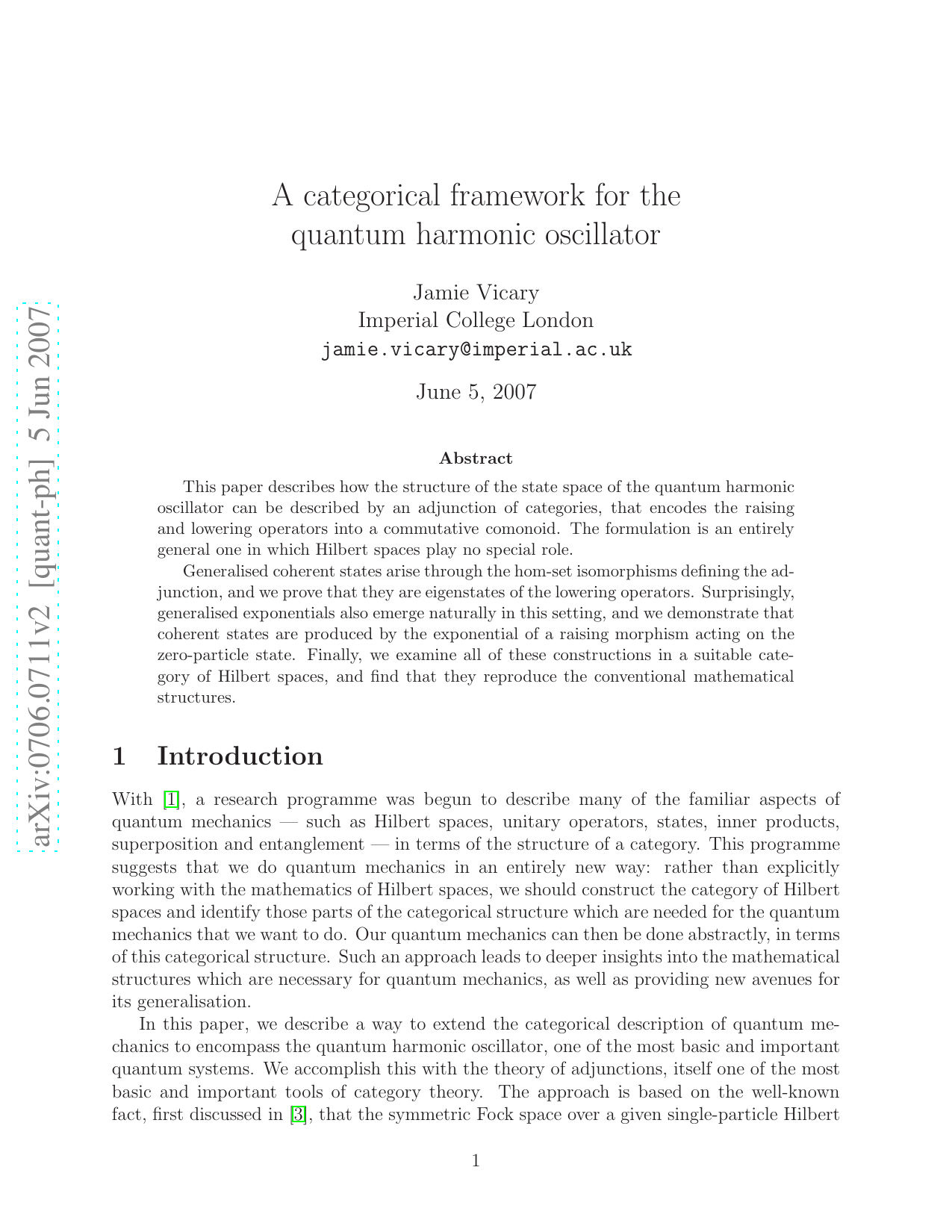 A categorical framework for the quantum harmonic oscillator