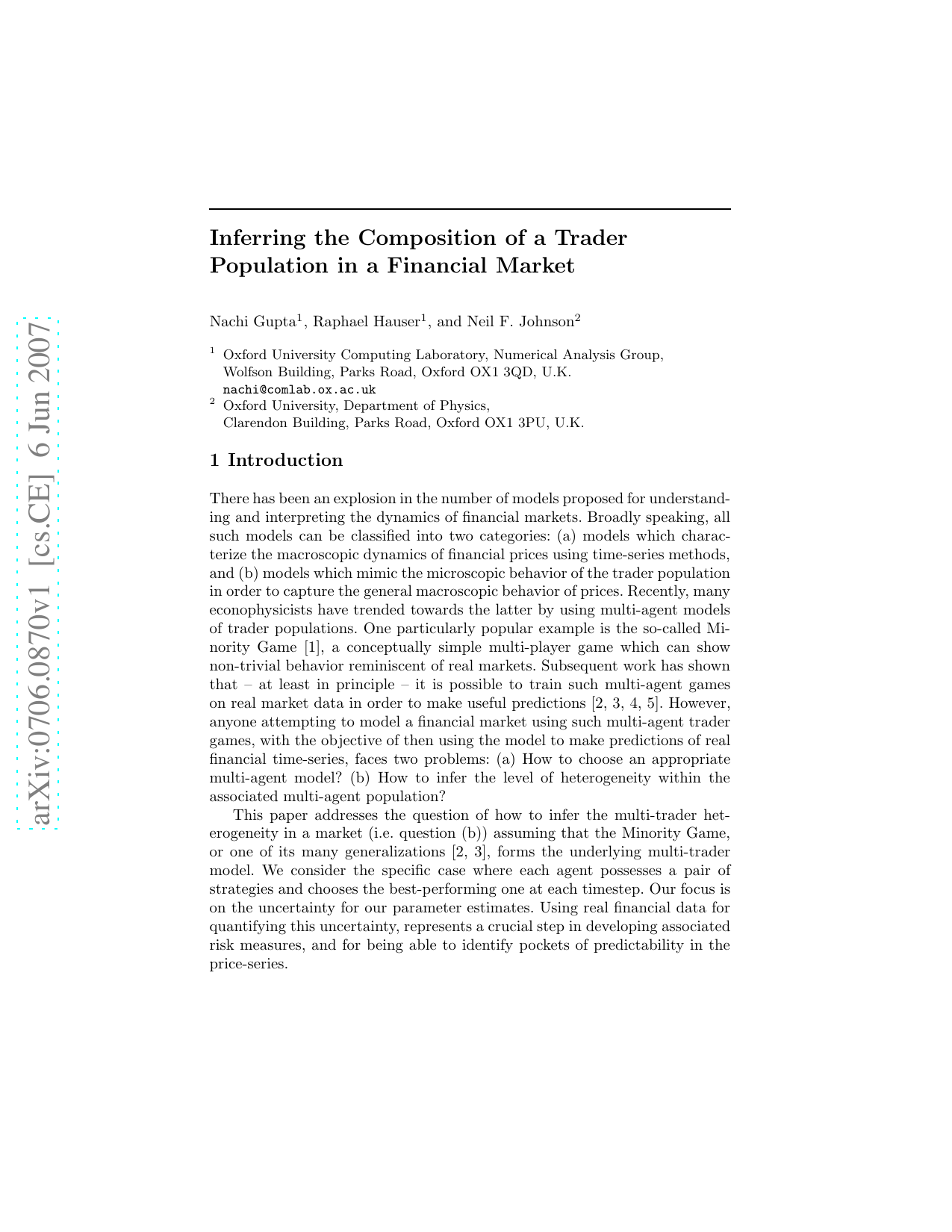Inferring the Composition of a Trader Population in a Financial Market