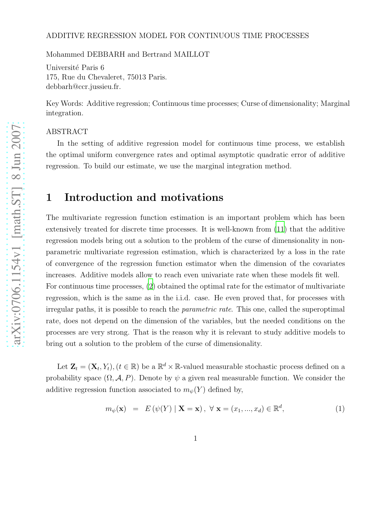 Additive Regression Model for Continuous Time Processes