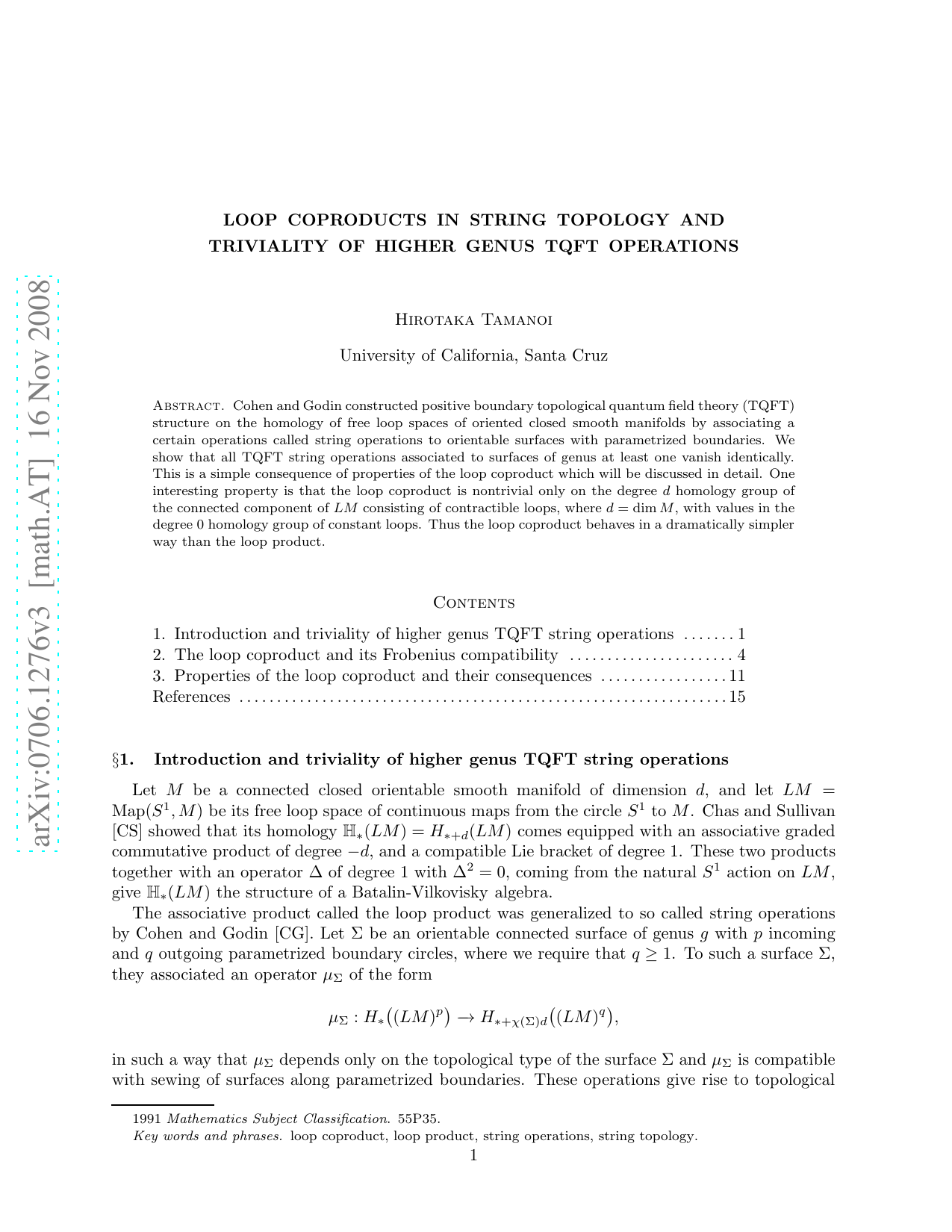 Loop coproducts in string topology and triviality of higher genus TQFT   operations