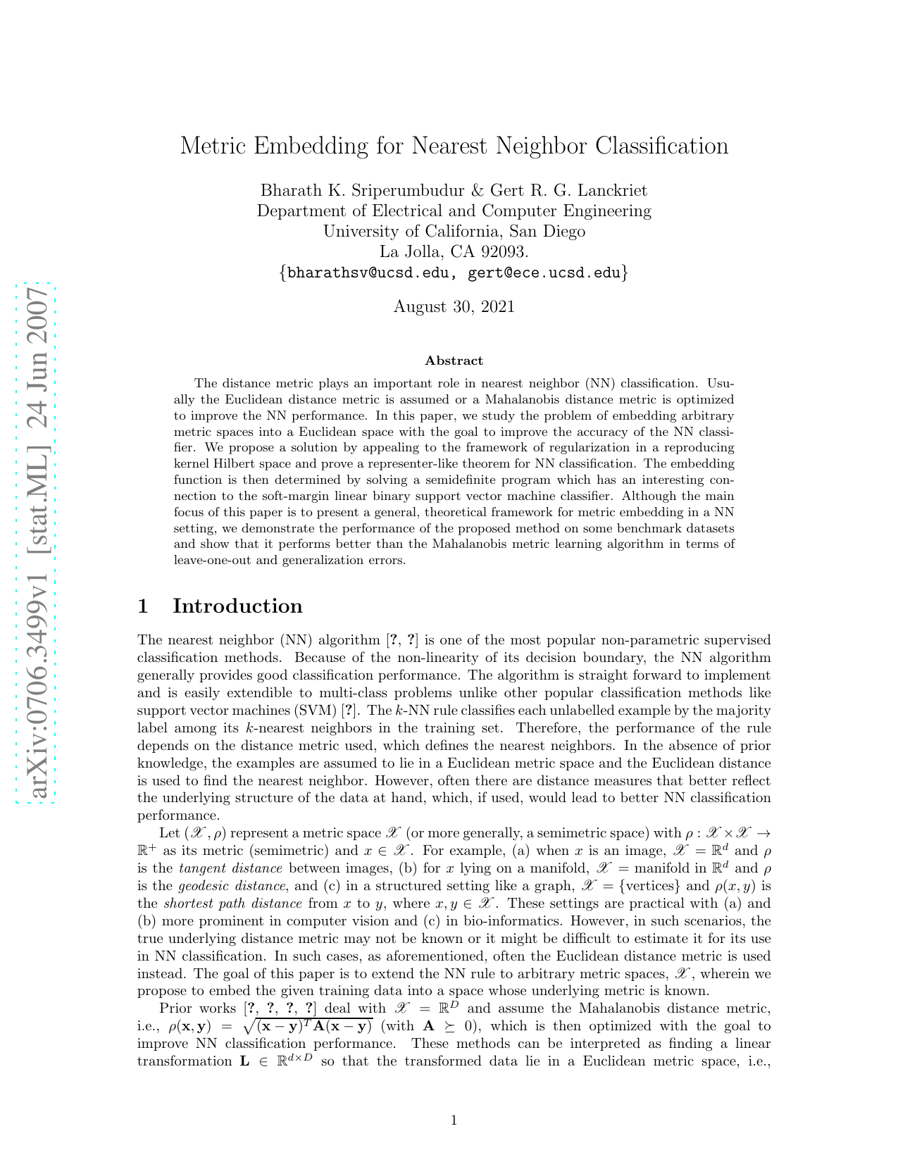 Metric Embedding for Nearest Neighbor Classification