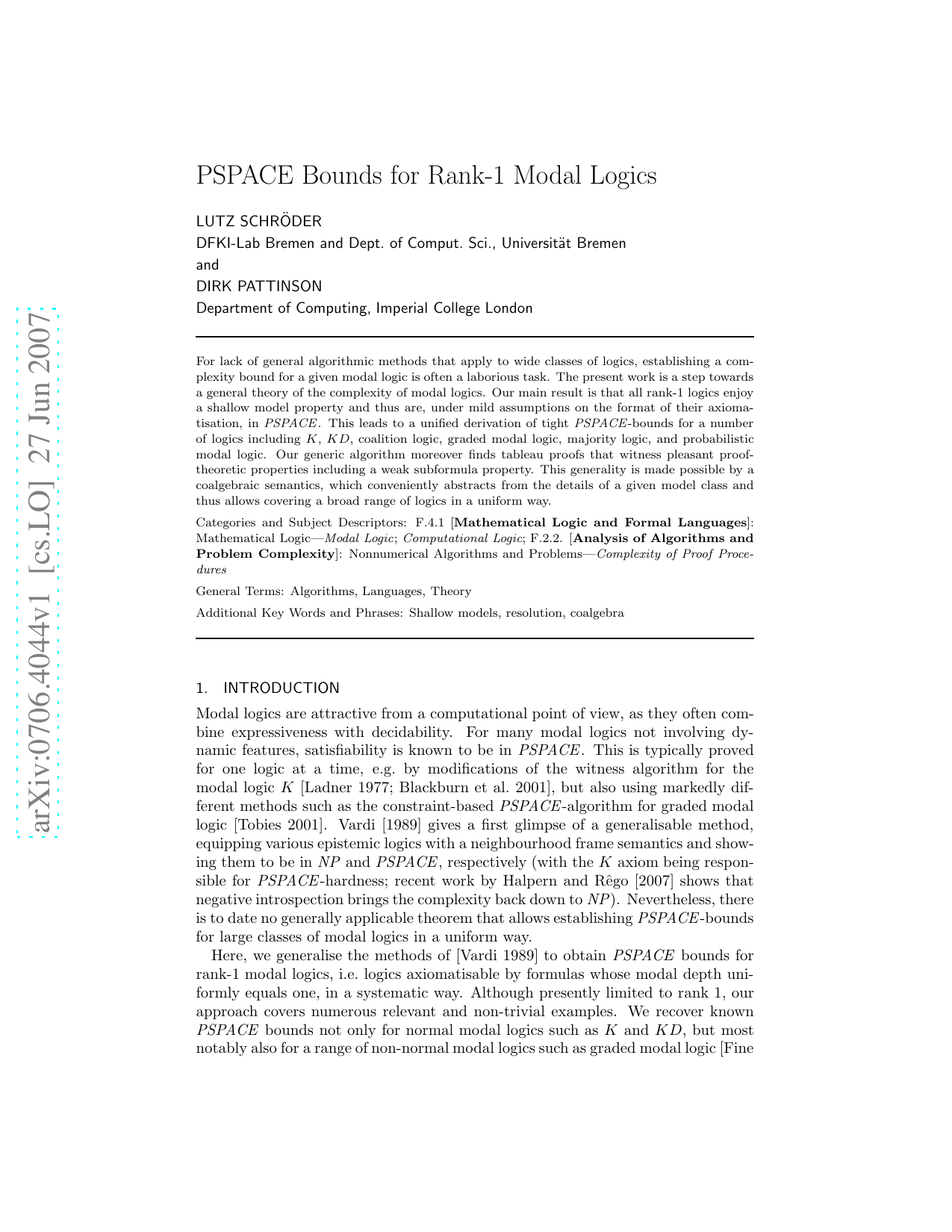 PSPACE Bounds for Rank-1 Modal Logics