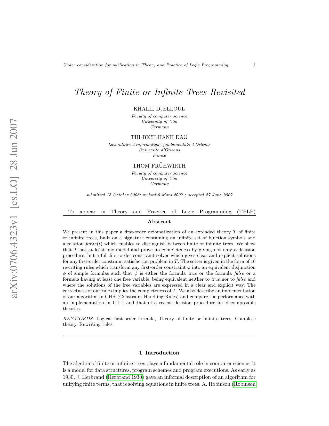 Theory of Finite or Infinite Trees Revisited
