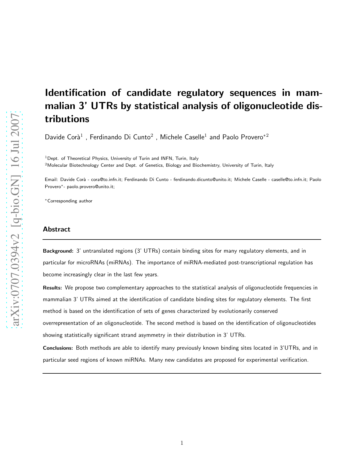 Identification of candidate regulatory sequences in mammalian 3 UTRs by   statistical analysis of oligonucleotide distributions