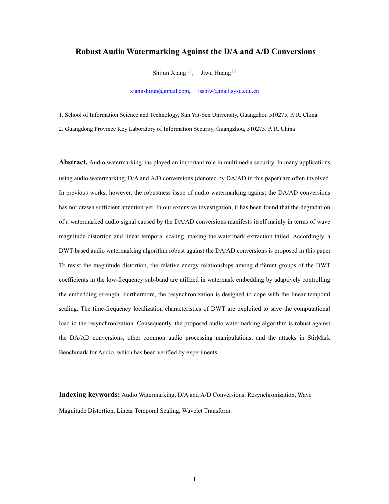 Robust Audio Watermarking Against the D/A and A/D conversions