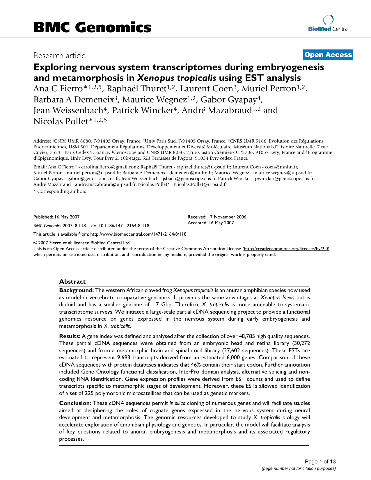 Exploring nervous system transcriptomes during embryogenesis and metamorphosis in Xenopus tropicalis using EST analysis