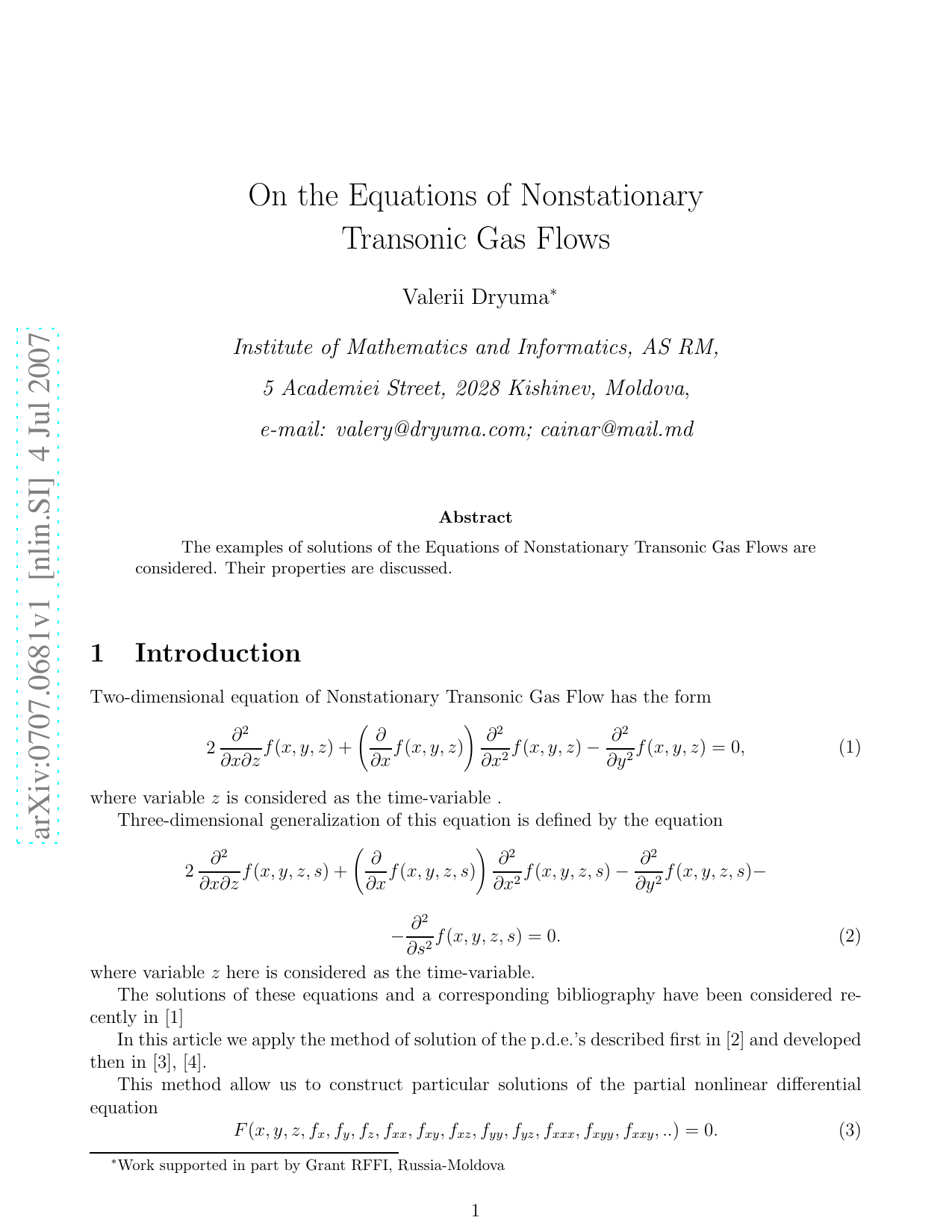 On the Equations of Nonstationary Transonic Gas Flows