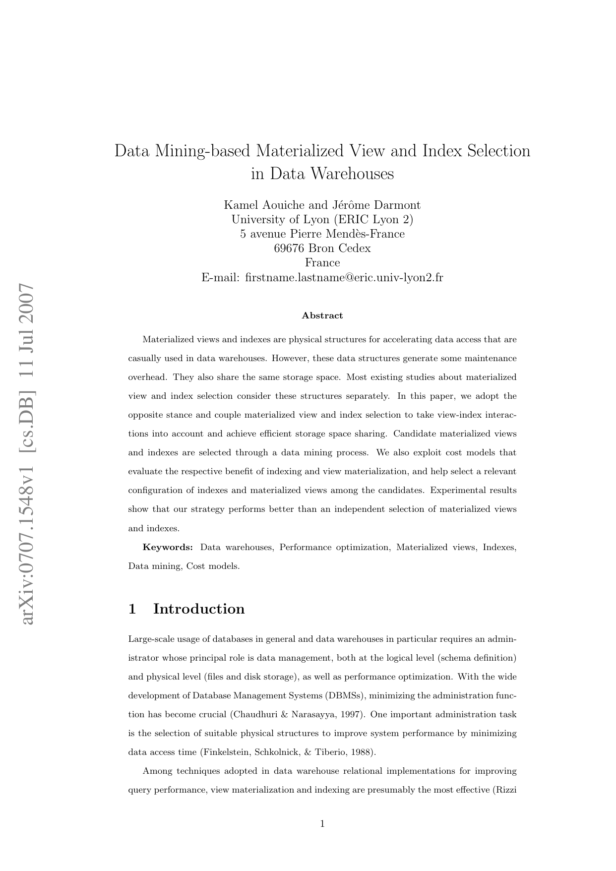 Data Mining-based Materialized View and Index Selection in Data Warehouses