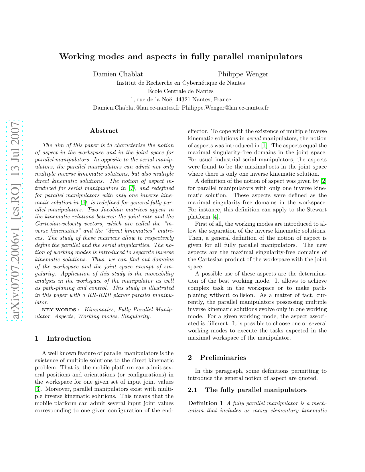 Working Modes and Aspects in Fully-Parallel Manipulator