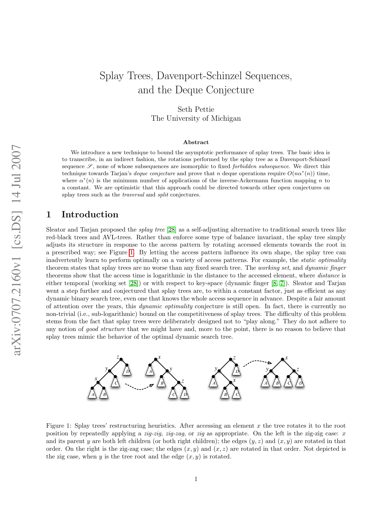Splay Trees, Davenport-Schinzel Sequences, and the Deque Conjecture